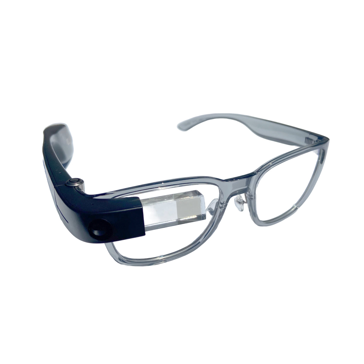 Transparent grey frames attached to the Envision Glasses - Front 3/4 view