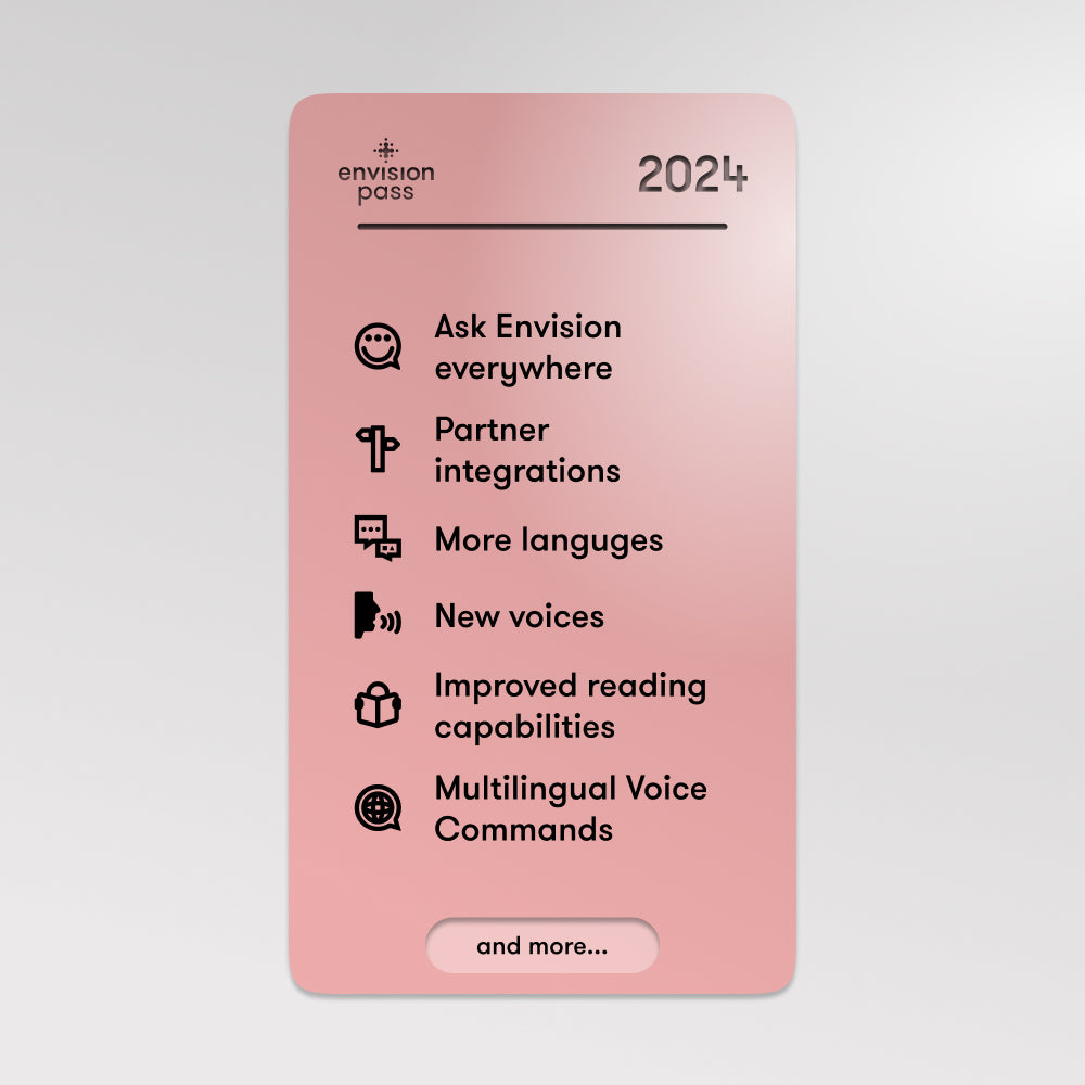 A pass that shows 'Envision Pass 2024' with the text below it stating: Ask Envision everywhere, Partner integrations, More languages, New voices, Improved reading capabilities, Multilingual Voice Commands