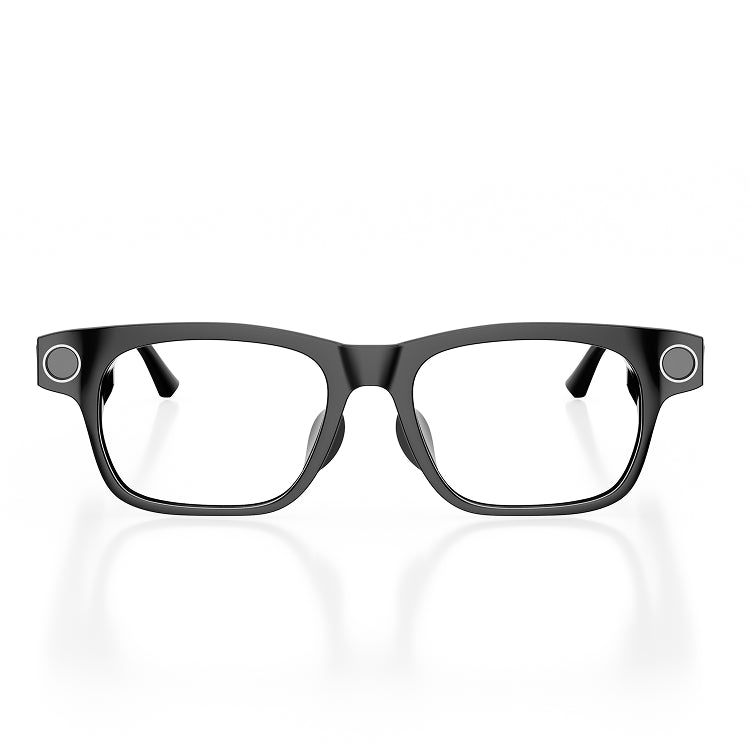 Black smartglasses from the front on a white background. Left and right of the glasses shows a round camera.