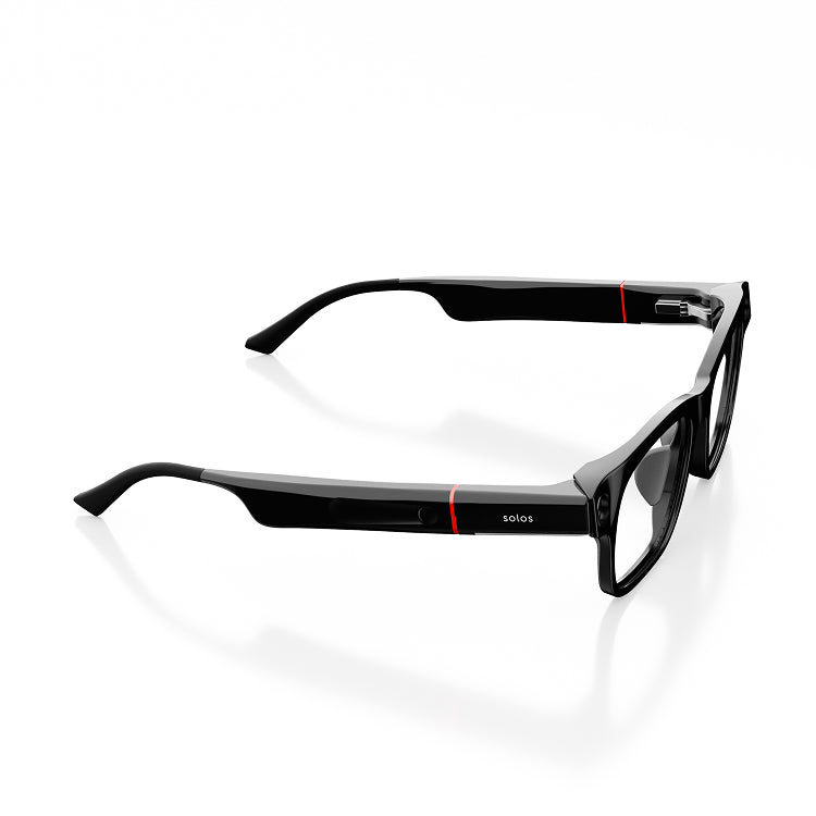 Black smartglasses from the side on a white background. On the side it reads 'Solos'.
