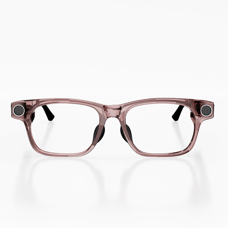 Smartglasses with a brown transparent frame and black stems. A camera is on the left and right of the glasses. Taken from the front.