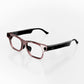 Black smartglasses with brown transparent front frame on a white background