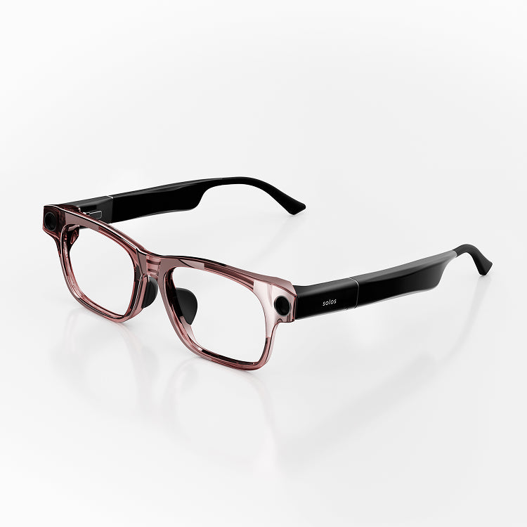 Black smartglasses with brown transparent front frame on a white background