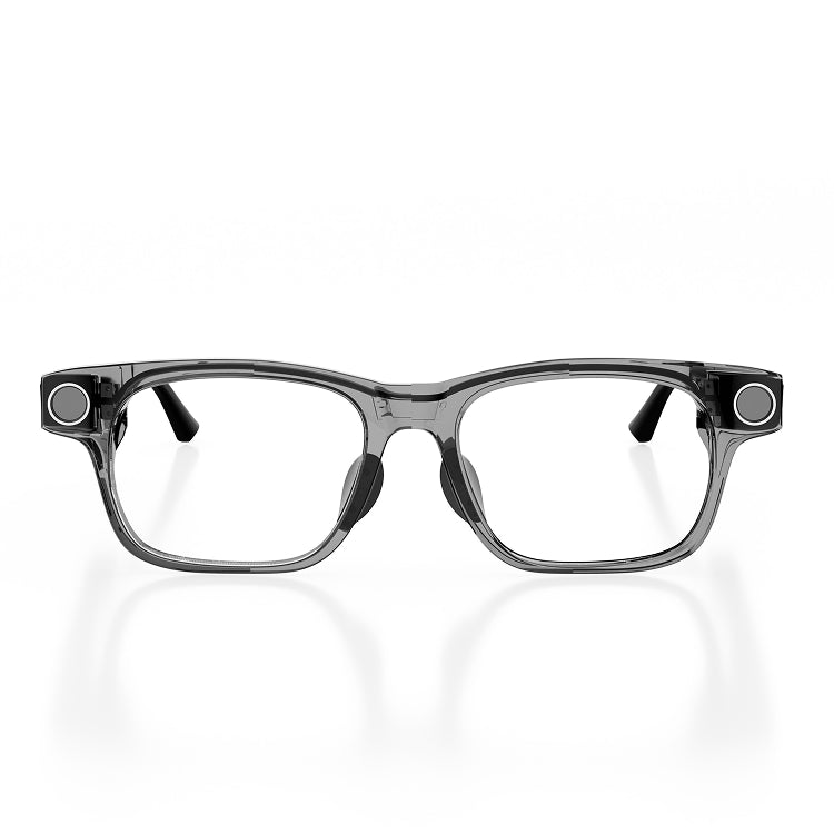 Black smartglasses with dark gray transparent front, taken from the front on a white background. Left and right of the glasses shows a round camera.