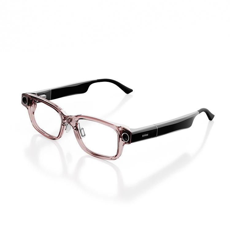 Smartglasses with black stems and brown transparent frame in L/XL on a white background.