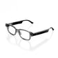 Smartglasses with black stems and dark gray transparent frame in L/XL on a white background.
