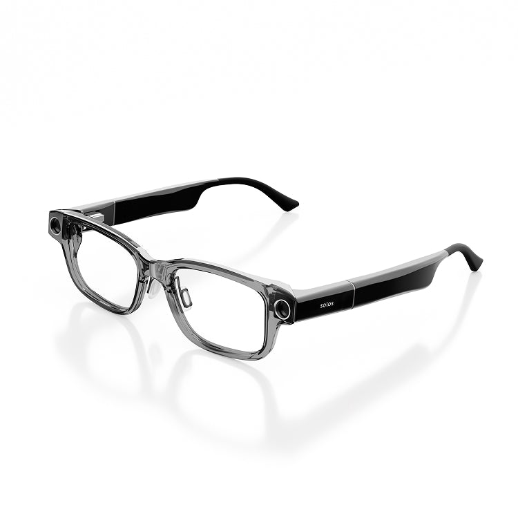 Smartglasses with black stems and dark gray transparent frame in L/XL on a white background.