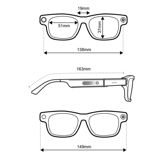 Dimensions shown for the ally Solos Glasses in Medium/Large