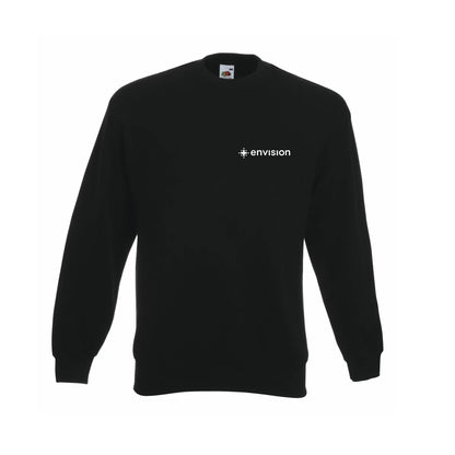 Front view of a black sweater. On the left chest is a white embroidered logo of Envision