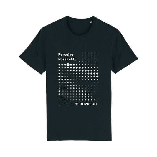 Front view of a short sleeve T-shirt in Black. On the front there is a bold print that consists of dots. On the left top it says 'Perceive Possibility', on the right bottom is the logo of Envision.
